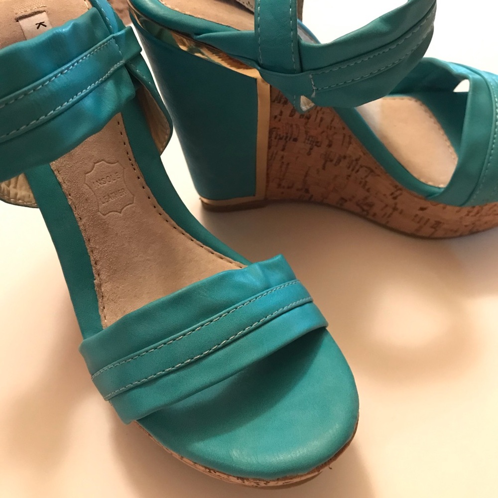 Kayleen By LA Blue Cork Leather Ankle Strap Wedges